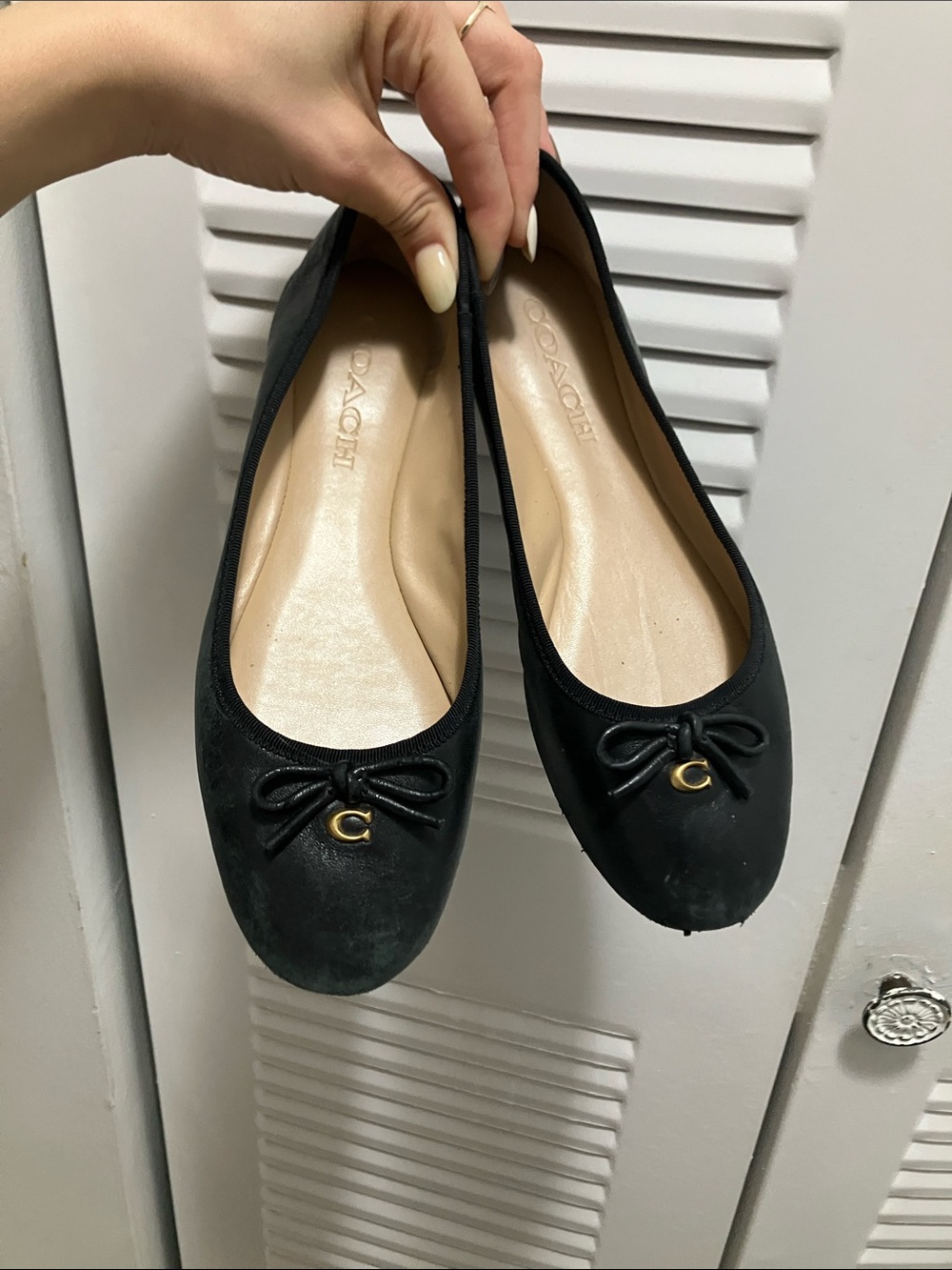 Coach Black Leather Ballet Flats with Gold 'C' Charm